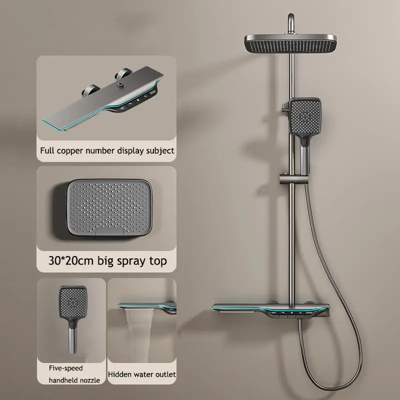 conjunto de chuveiro de banheiro cinza temperatura constante display digital booster de luz atmosfera suportes de cabeca de chuveiro atacado 01