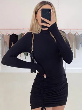 Image Long Sleeve Ruched Bodycon Dress Women Turtleneck Bandage Mini Dresses Autumn Black Skinny Stretchy Party Vestidos