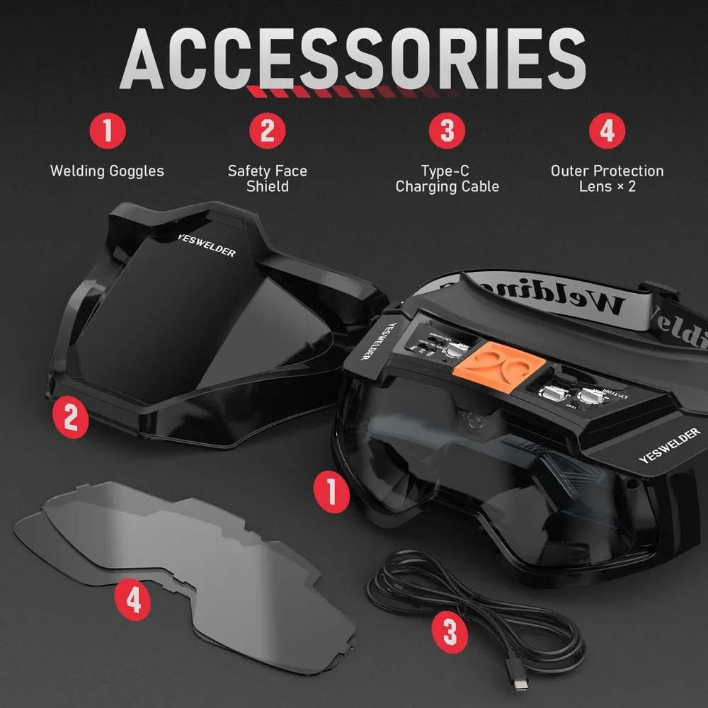 Auto Darkening Welding Goggles with Mask, LED Lighting & TYPE-C Charging, True Color 4 Arc Sensor Welding Glasses Welder Mask