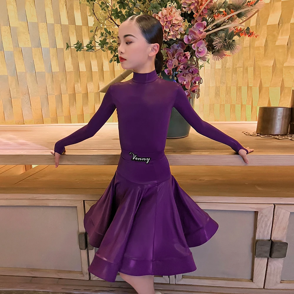 Vennystyle Latin Dance professional competition ballroom dance dress long sleeve high neck regulation dress for girls