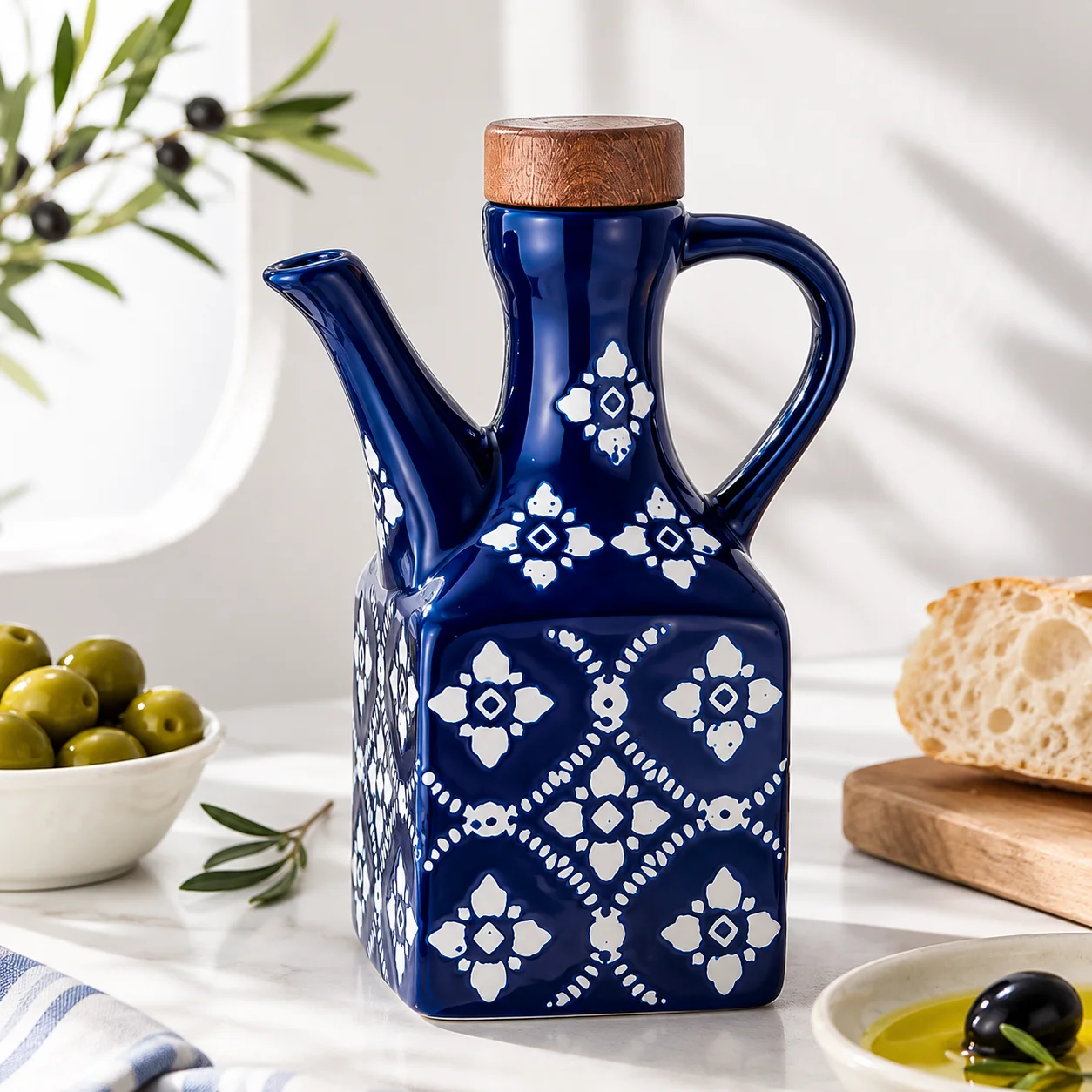 250ml Vintage Blue Ceramic Oil Dispenser Bottle Floral Porcelain Vinegar Cruet Soy Sauce Pot Kitchen Olive Oil Container