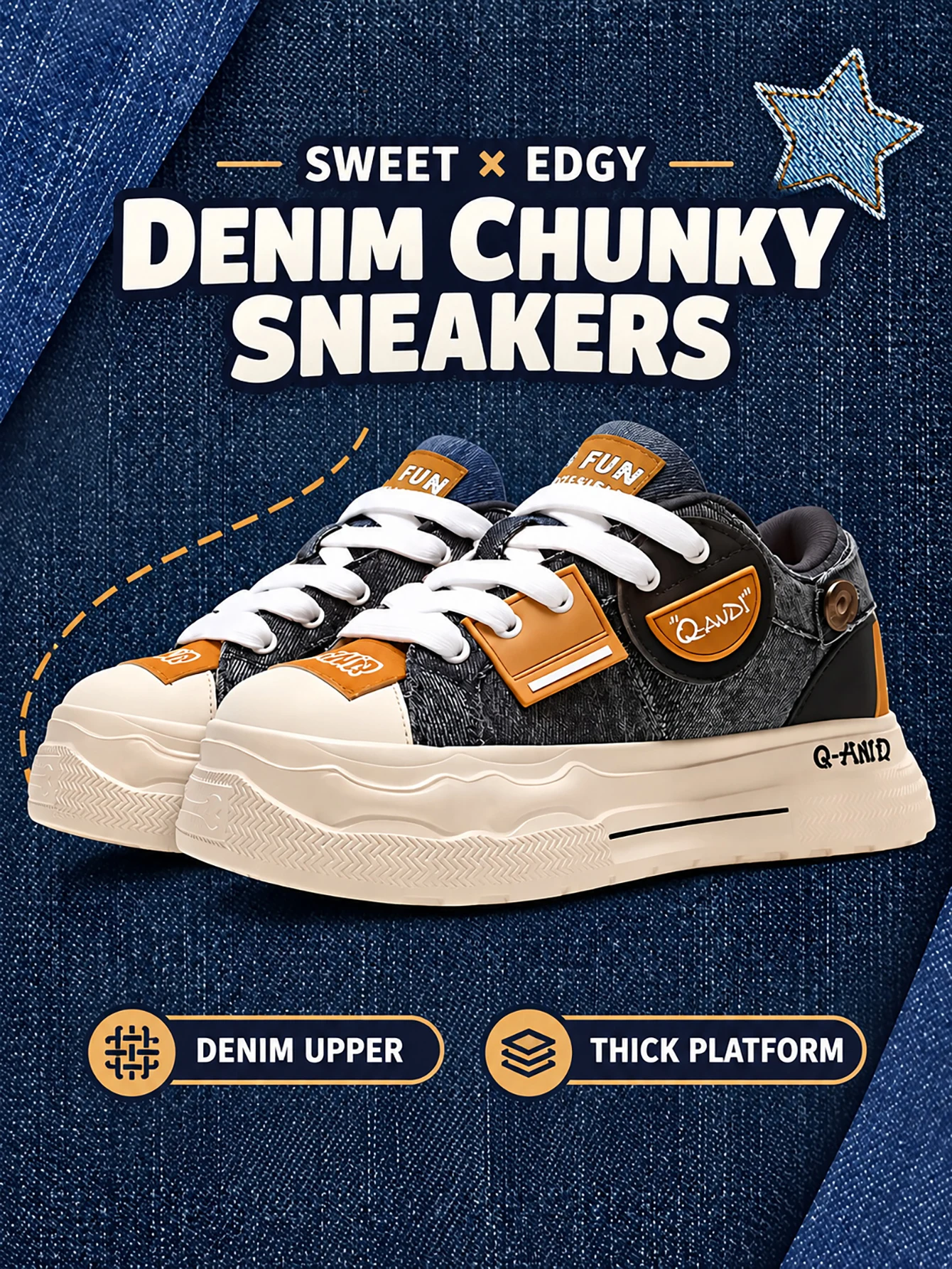 Q-AND 2026 New Universal Retro Denim style casual EVA Street Fashion Sole Skateboard Shoes Height increasing board shoes
