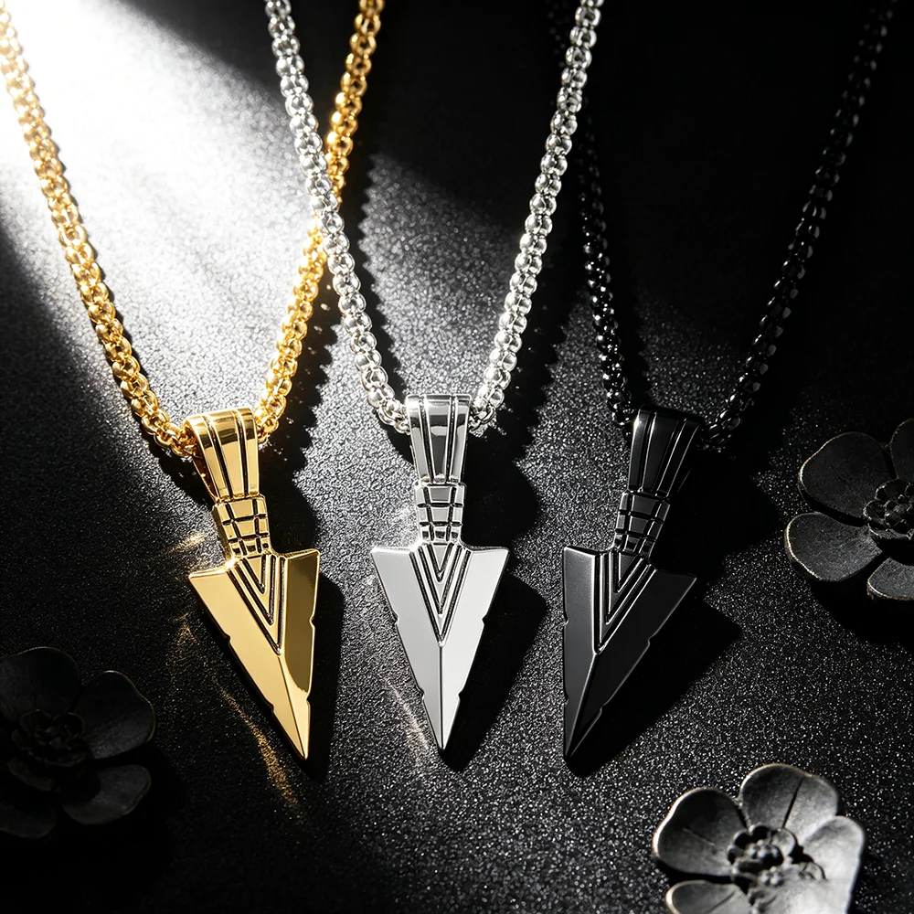 3 Colors Spear Point Pendant Necklace for Men, Gold Plated Silver Black Arrowhead Necklace, Vintage Statement Hip Hop Jewelry