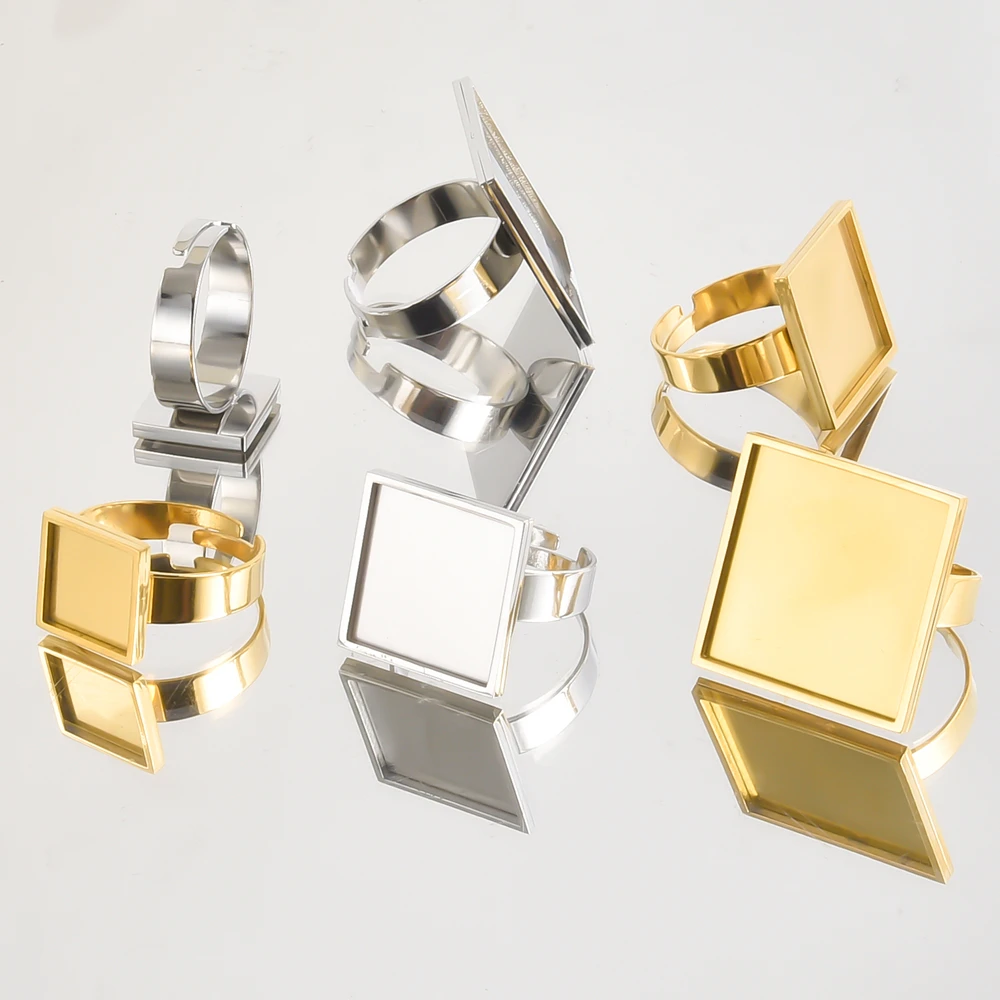 1/5/10pcs Square Blank Setting Cabochon 12/17/22mm Geometric Ring Open Adjustable Stainless Steel Rings For Women Men Accessorie