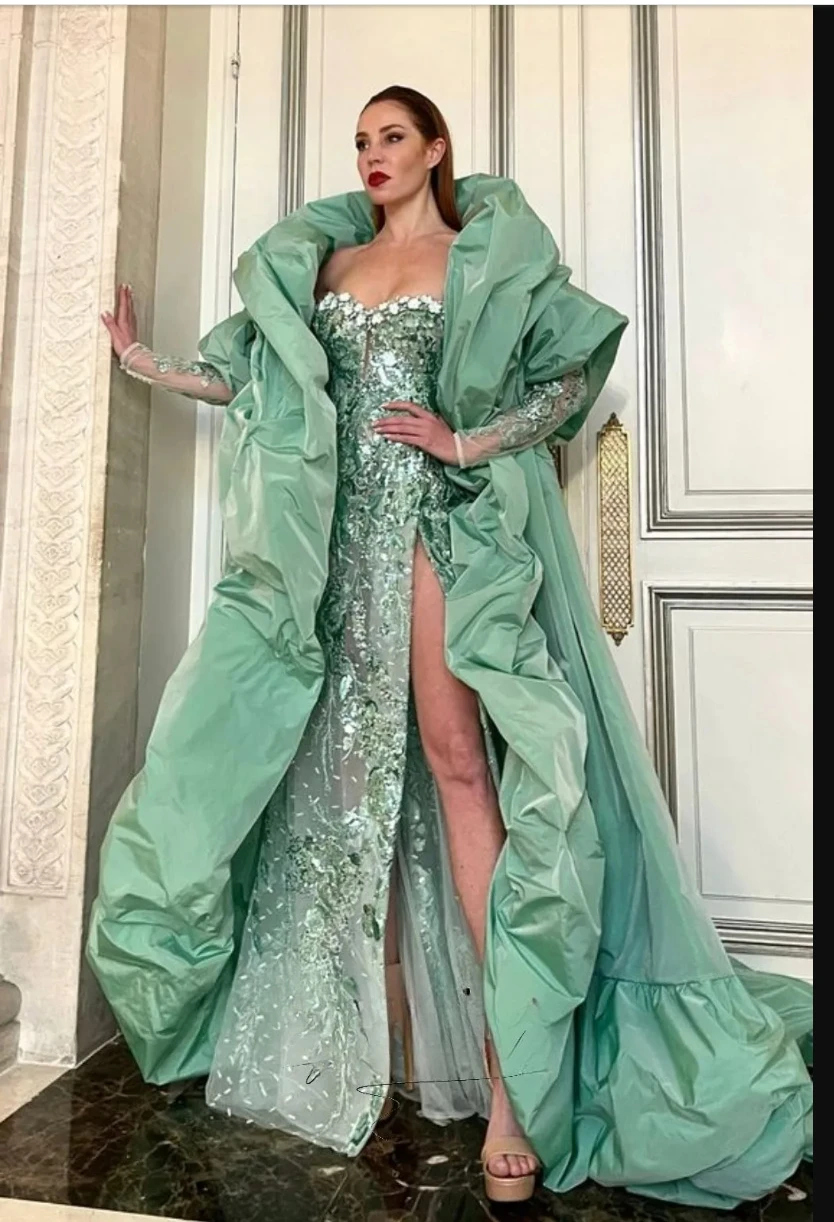 Sage Green Taffeta Coat Evening Cape Puffy Edge Fashion Long Jacket Short Sleeves Bolero For Lady Outfit Shawl Without Dress