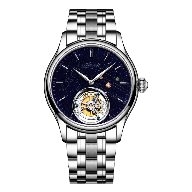 AESOP（manual 7025G）Luxury Tourbillon Watch, Blue Sandstone Starry Sky Dial Sapphire Crystal Men's Dress Watch