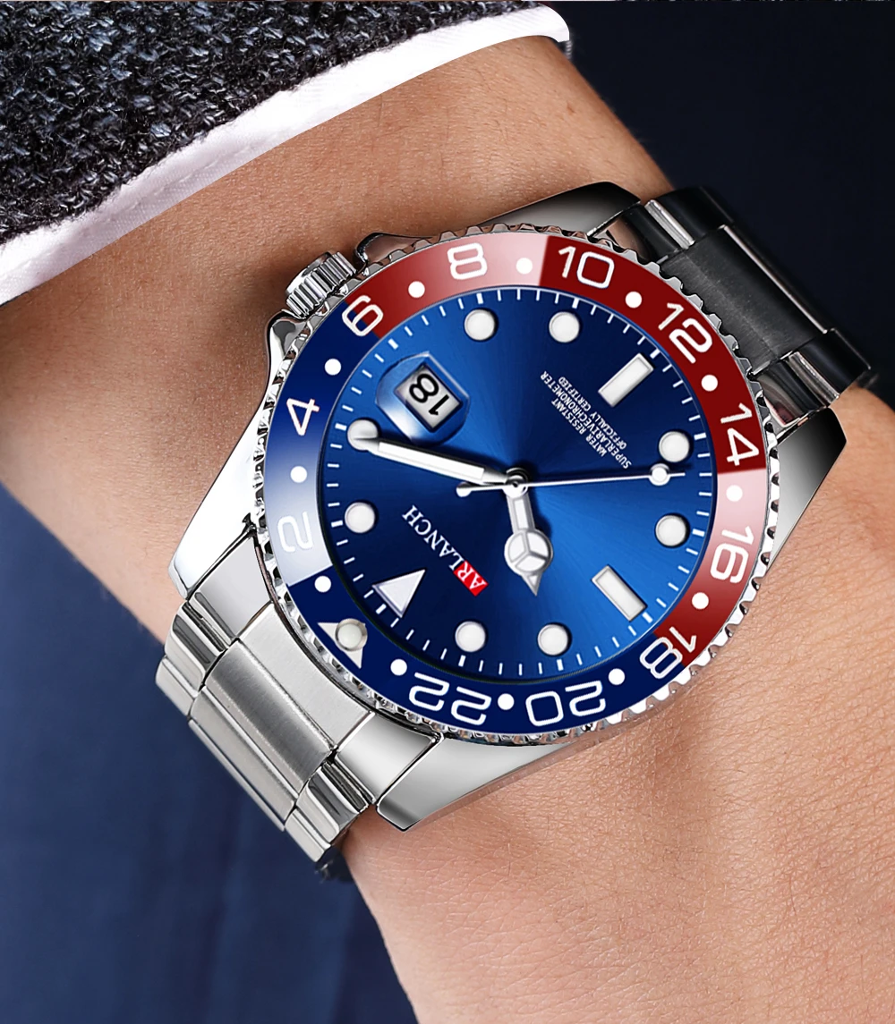 Business-Edelstahluhr 40mm Klassische Rot-Blaue Kreis-Taucheruhr mit Vergrößerungsglas und Kalender Quarzuhren montre homme – Detail 8