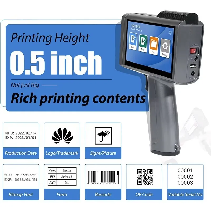 Fast Dry Portable Handheld Inkjet Coding Printer, Multifunction Battery Powered Label Printer