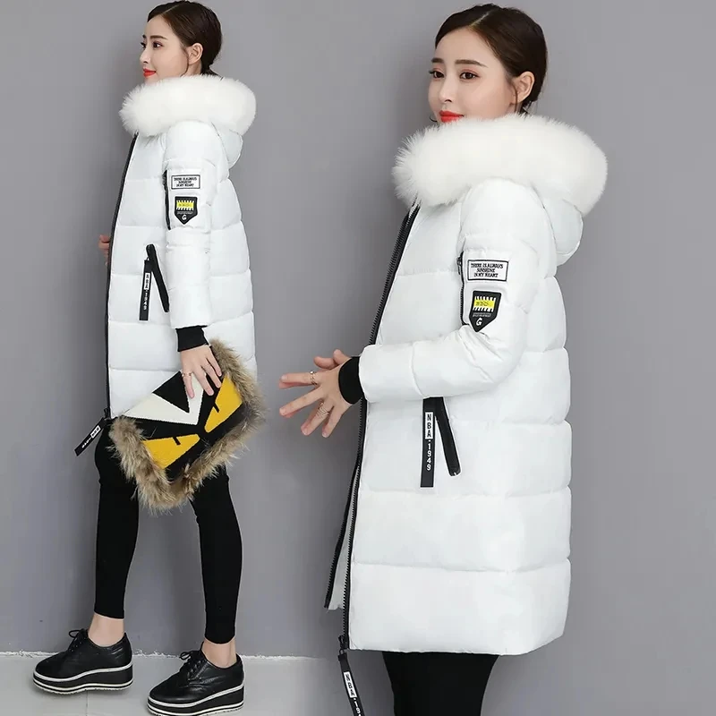 

Fashion Coats Winter Faux Fur Collar Jacket Women Parka New 2024 Hooded Long Female Coat Office Lady Thicken Warm Outwear Female