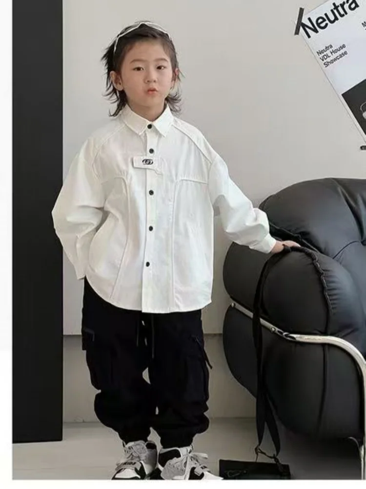 Children's Long sleeved Shirt Spring and Autumn New Style Boys' Cotton Loose Casual Fashion Top Children's Design Bottom Shirt