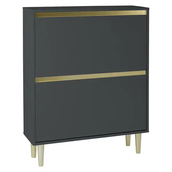 

xx-Hallway 2 Tiers Double Rack Grey Lacquer Metal Gold Base Shoe Rack Cabinet With Storage Organizer*
