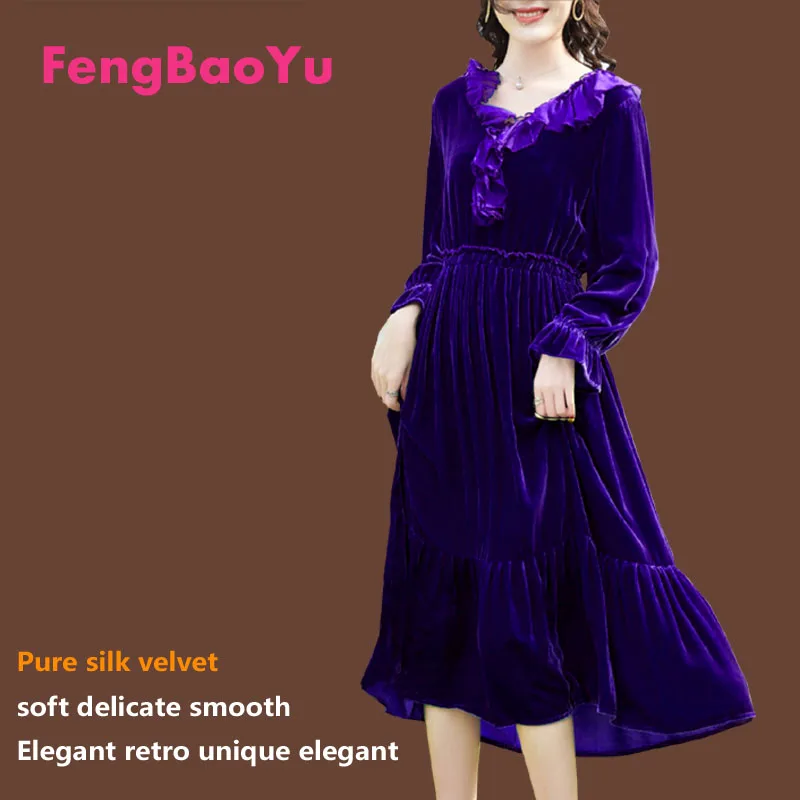 

Fengbaoyu Silk Velvet Autumn Winter Lady's Long-sleeved Lotus Leaf V-collar Medium-length Skirt Party Dresses Free Shipping