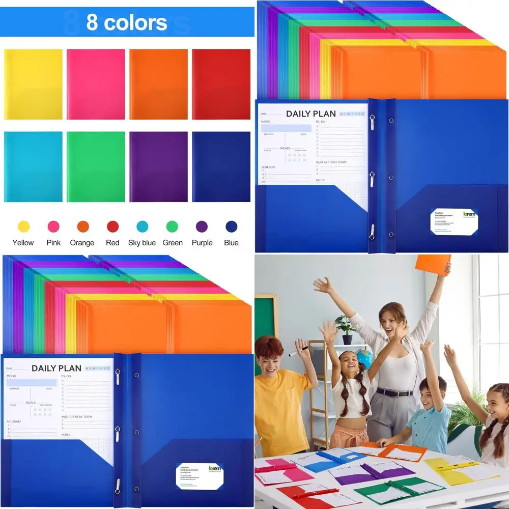 

Heavy-Duty Plastic Pocket Folders with Prong Fasteners, Business Card Slot, Cute Design for School and Office Use