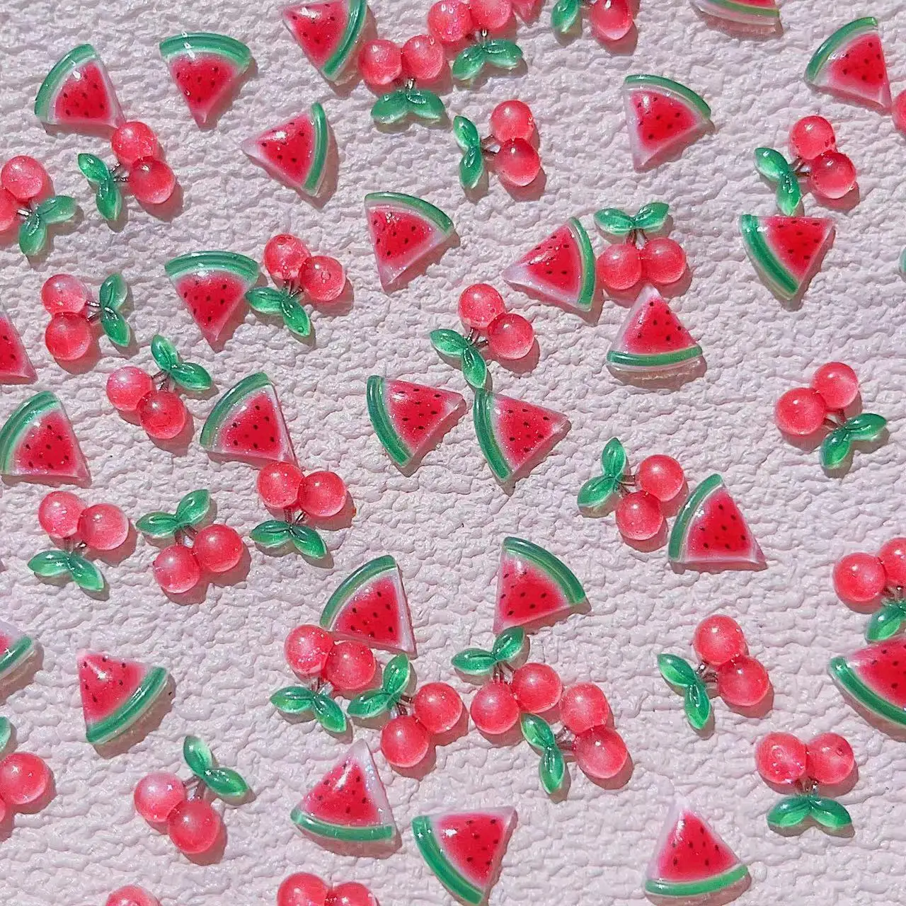 50pcs Cute Summer Refreshing And Ice Permeating Fruit Series Watermelon And Cherry 3D Simulation Nail Decoration Diamond