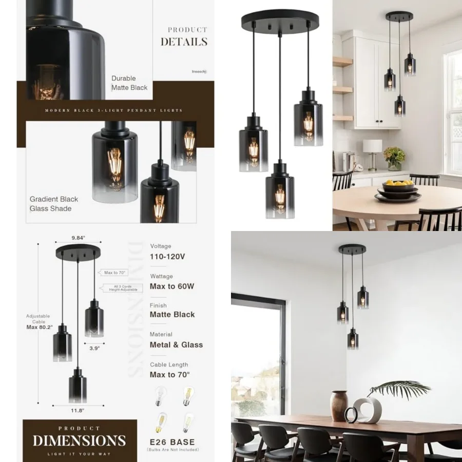 3-Light Black Pendant Lighting, Adjustable Modern Pendant Lights for Kitchen Island, Industrial Cluster Hanging Lights for Dini