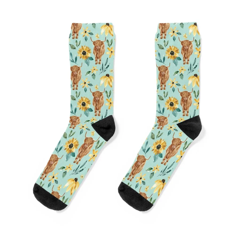 Highland Cow and Sunflowers Socks halloween sports and leisure men cotton high quality Woman Socks Men's