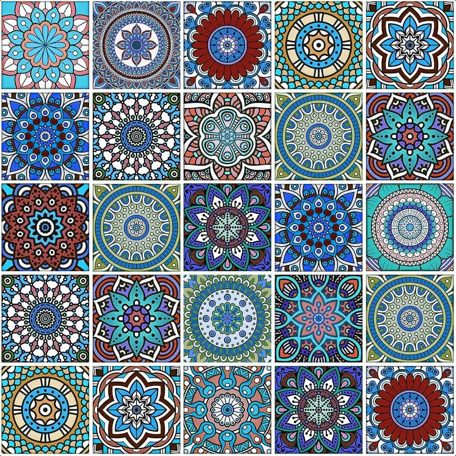 

Набор из 25 шт., наклейки на плитку в стиле мандалы, 4x4 дюйма, 10x10 см, водонепроницаемые, маслостойкие, съемные, простые в установке, домашний декор