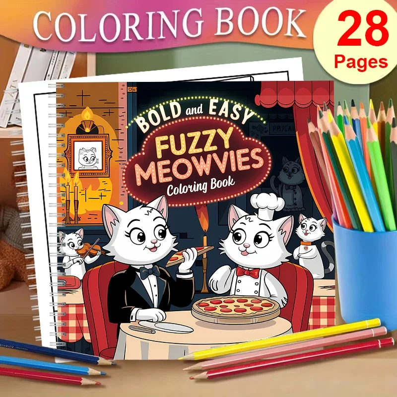 Fuzzy Meowvies Coloring Book for Adult Colouring Book, Birthday Day Gift, Back to School Supplies, Adults Cute Drawing Book