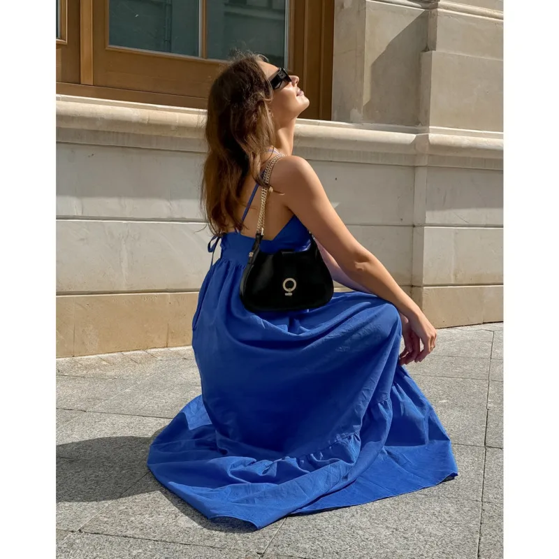 

V Neck Backless Spaghetti Strap Dress Women Casual Elegant A-Line Long Dress For Summer Vacation Beach Holiday Fashion Clothes