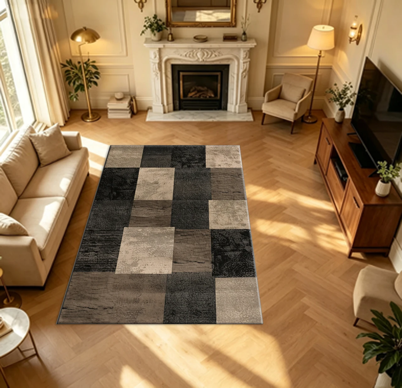 Dark Wood‑Tone Patchwork Carpet Flooring Retro Industrial Style Large Area Rug for Home Interior Decor