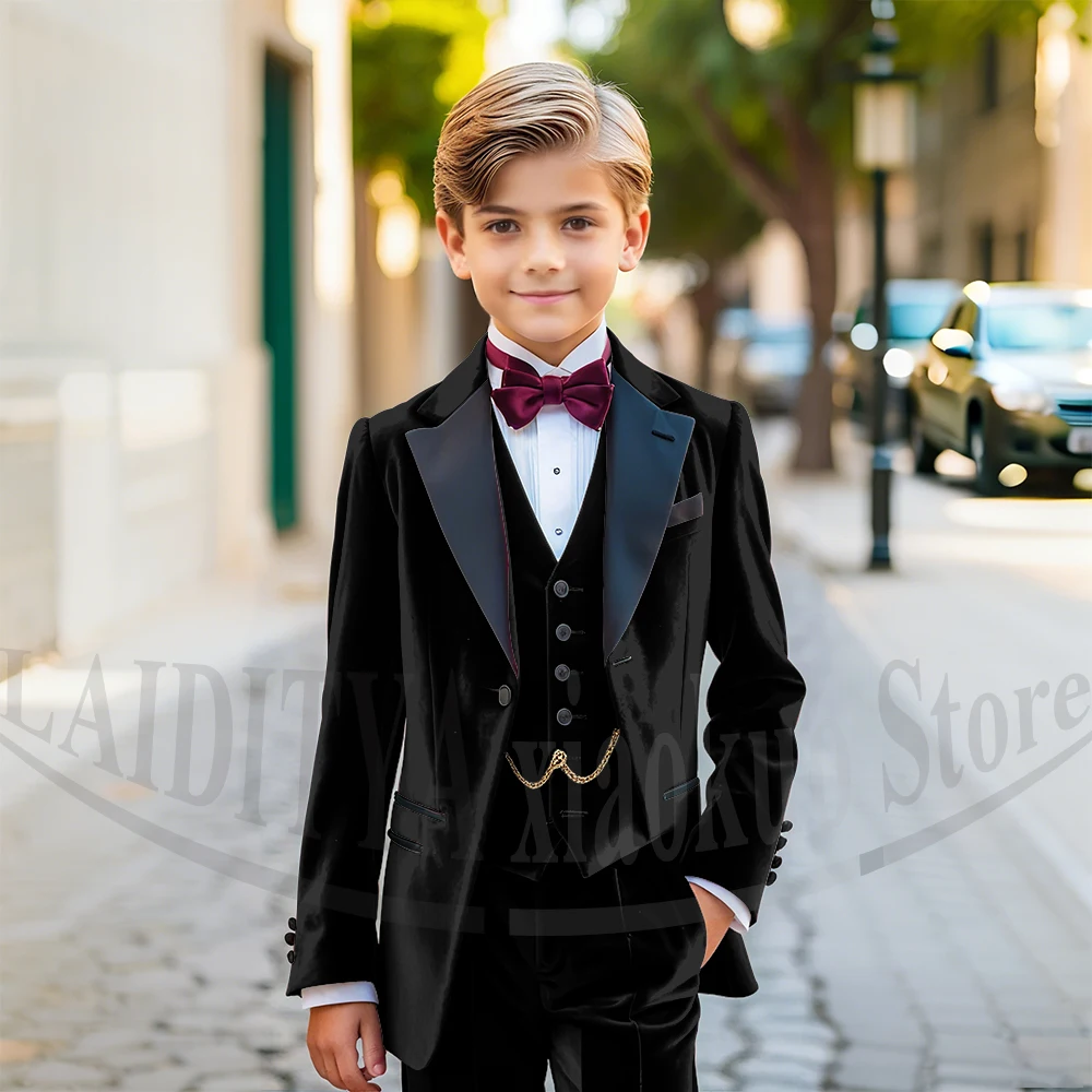Chic Velvet Boy Suits Notch Lapel One Button Kids Clothes 3 Piece Formal Party Wedding Children Suits (Blazer+Vest+Pants)