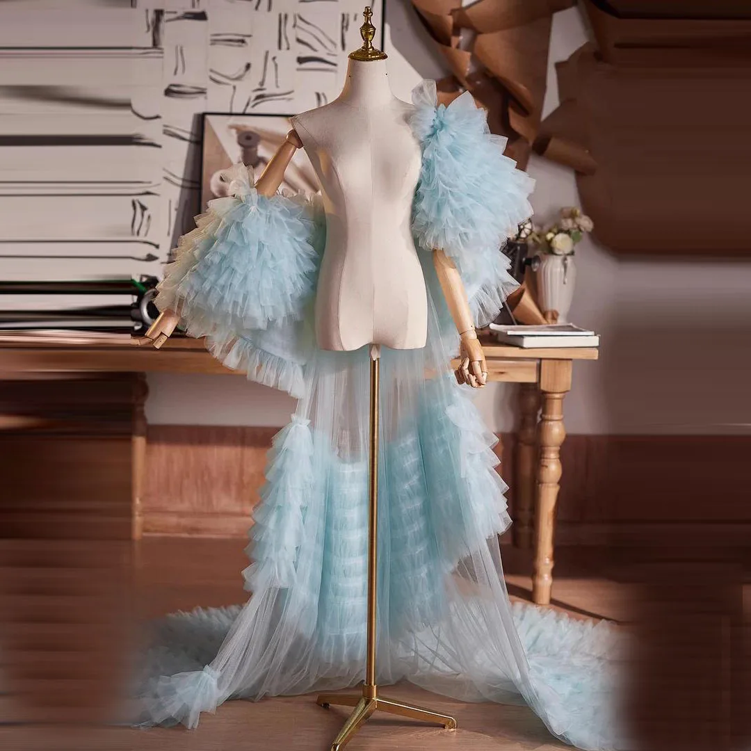 

Light Blue Puffy Sleeve Tulle Cape with Long Train – Bridal Wedding Shawl, Sheer Multi‑Layered Ruffles, Evening Party Accessory
