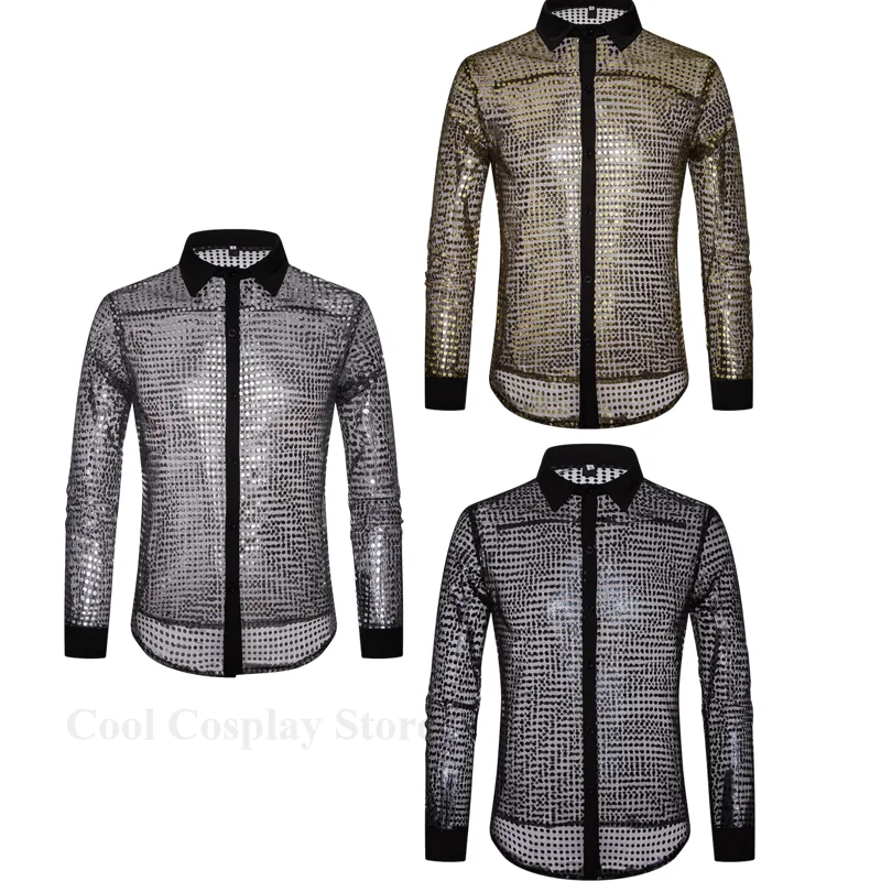 

Mens Sequin Shirt Long Sleeved Performance Wear Long Sleeved Lapel 70s Disco Party Wear Trend Long Sleeved Harajuku Streetwear