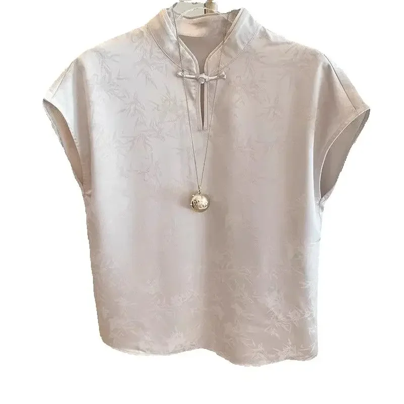 Été nouveau Jacquard doux Satin Blouse femmes Style chinois à manches courtes gilet chemise élégante grenouille bouton femmes hauts