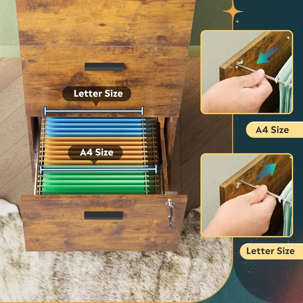 Vertical Wooden 3-Drawer File Cabinet with Lock, Home Office Letter and A4 Size Filing Storage, Printer Stand, Rustic Style