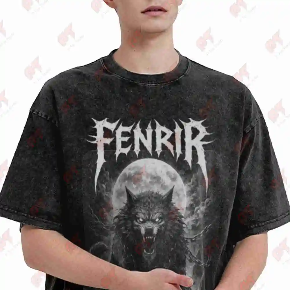 Fenrir Norse Mythology Viking Wolf Ragnarok Nordic Werewolf Metalhead Vintage Washed Tee Pure Cotton T-Shirt