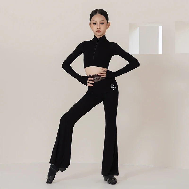 

Детская одежда для латинских танцев для девочек, топы с длинными рукавами, штаны для латинских танцев с кружевной талией, тренировочная одежда для бальных танцев ча-ча