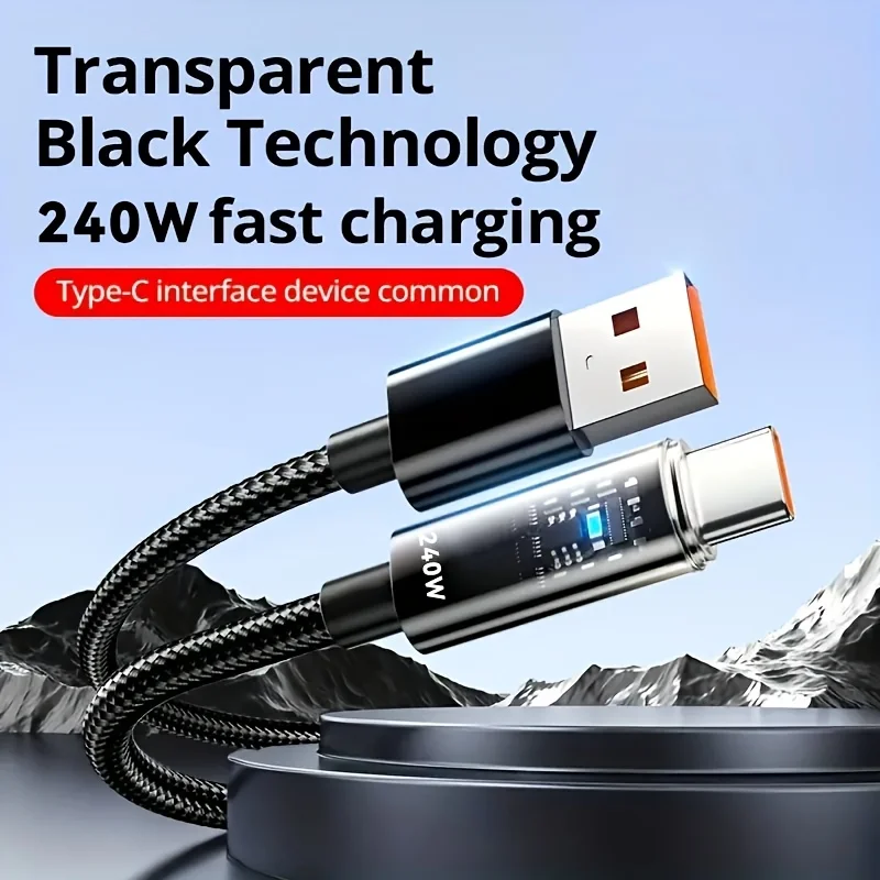 NNBILI USB A to USB C Quick Charging Cable 240W Braided Transparent USB C to Type C Charger for Samsung S26 Huawei Mi Data Line