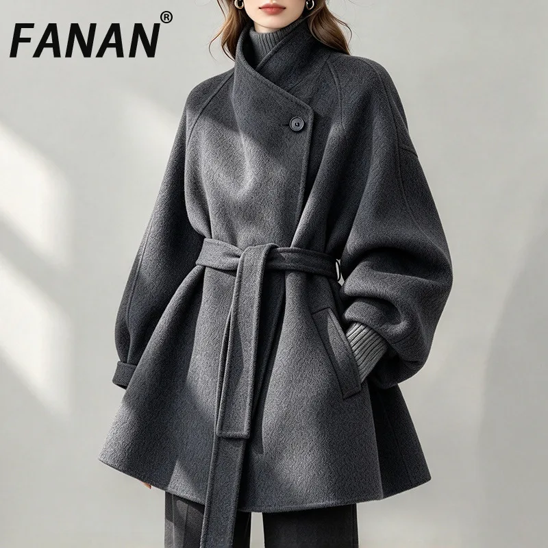 FANAN Korean Style Women Stand Collar Woolen Coat Belted Waist Loose Fit Winter Elegant Wrap Overcoat Ladies Warm Outerwear