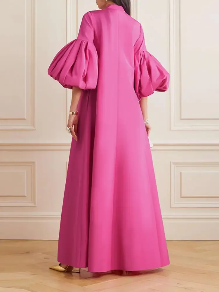 Elegant Fuchsia Loose A-line Satin Women Dresses To Party Half Puff Sleeves Modest Female Party Dress Long Robe