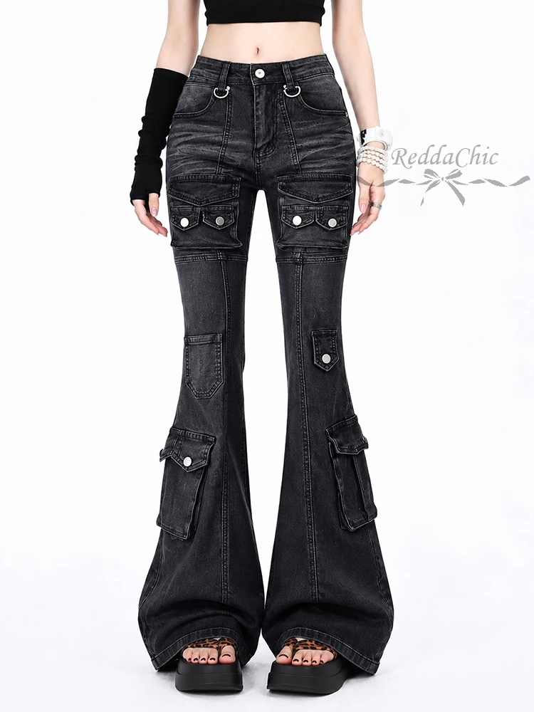 REDDACHiC Grunge Cargo Women Tight Jeans Black Retro Distressed Mid Low Rise Flared Stretchy Denim Pants Gothic Punk Streetwear
