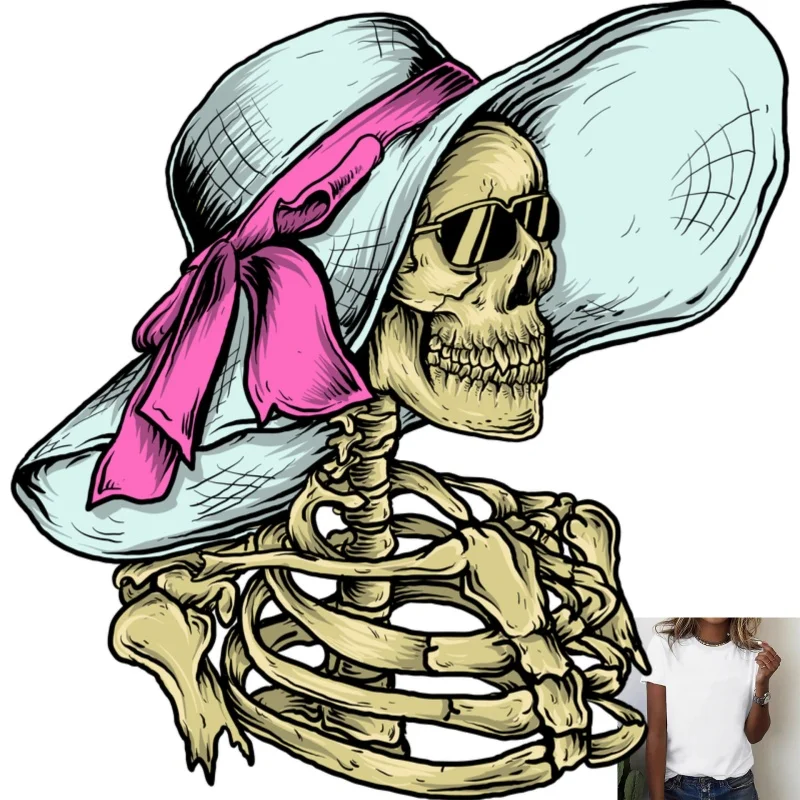 Fashionable Skeleton with Hat & Sunglasses Heat Transfer White Ink Iron - on Decal, Street Style, Suitable for T - shirts,