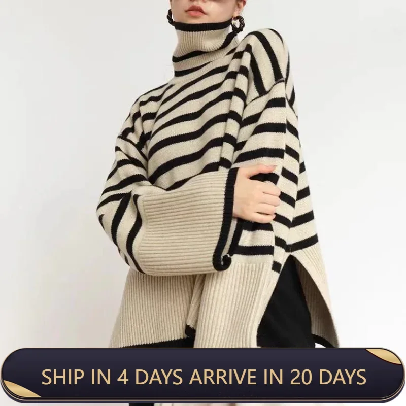 Striped High Neck Sweater For Women 2024 New Spring And Autumn Loose Design Niche Knit Sweater Pullover Jacket