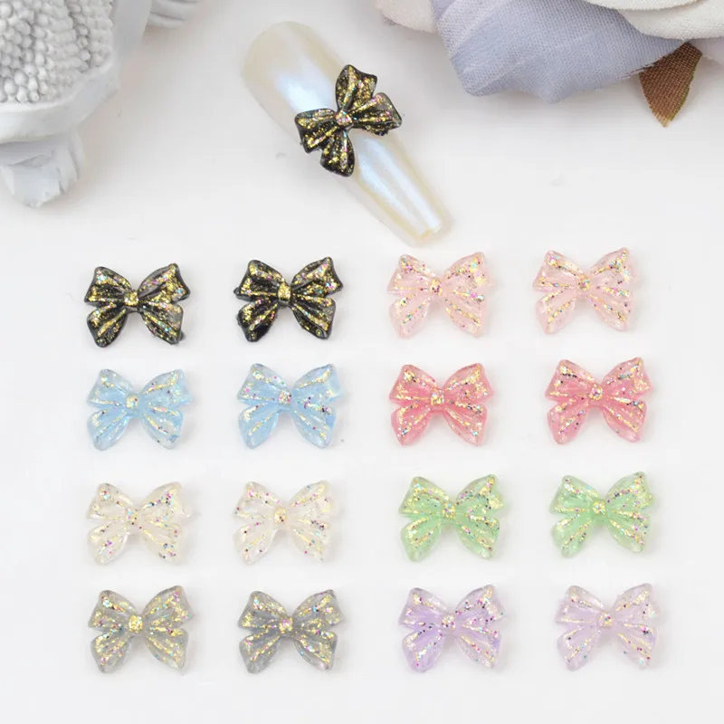 50Pcs Nail Beauty Girl Bow Resin Nail Accessories Cute 3D Glitter Gold Bow Nail Charms DIY Korean Acrylic Bow 3D Nail Art Decora