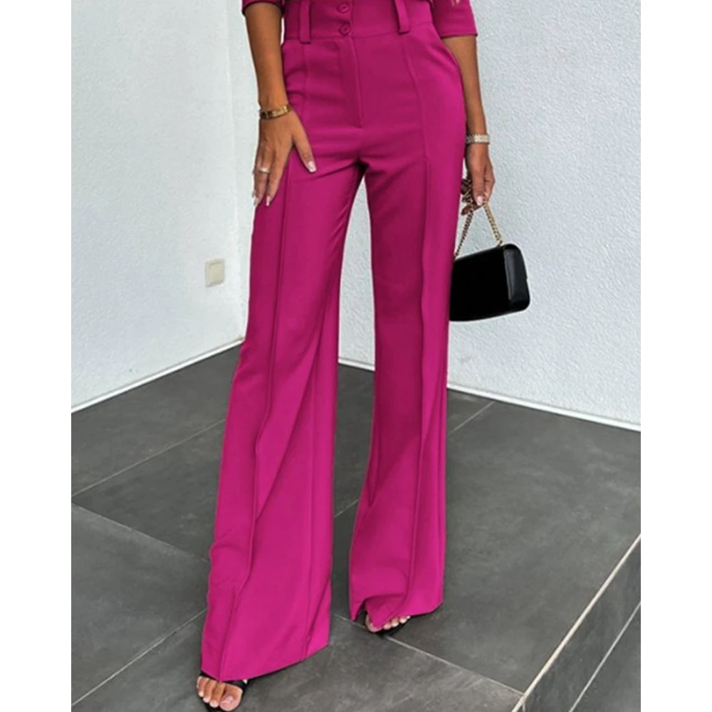 Causal Women Three Quarter Sleeve O-Neck Top & Pants Sets Elegant Solid Color 2 Pieces Suit Sets Workwear Offiee Lady Clothing