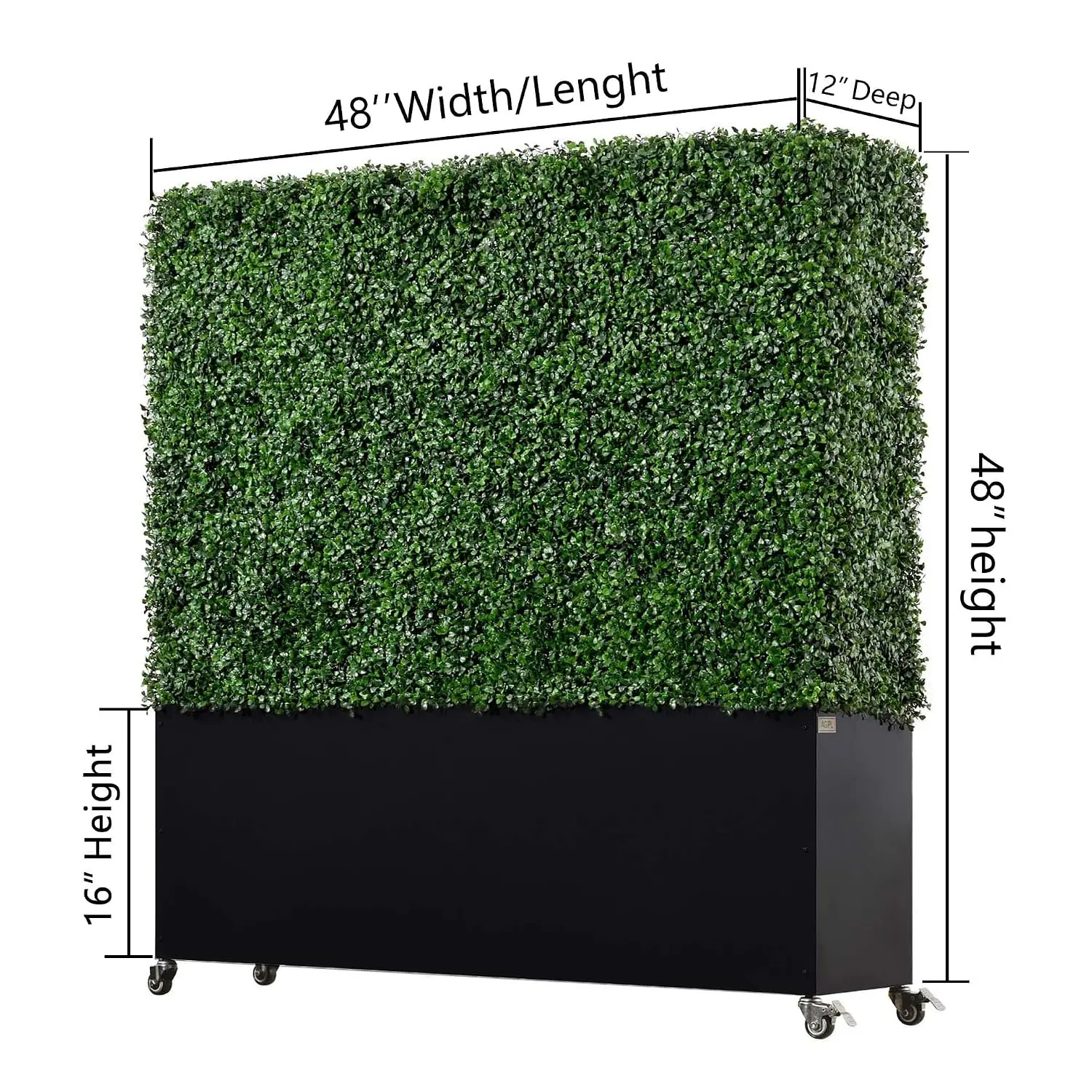 Artificial Boxwood Hedge Privacy Screen with Black Planter on Wheels, Faux Green Wall Divider, 48