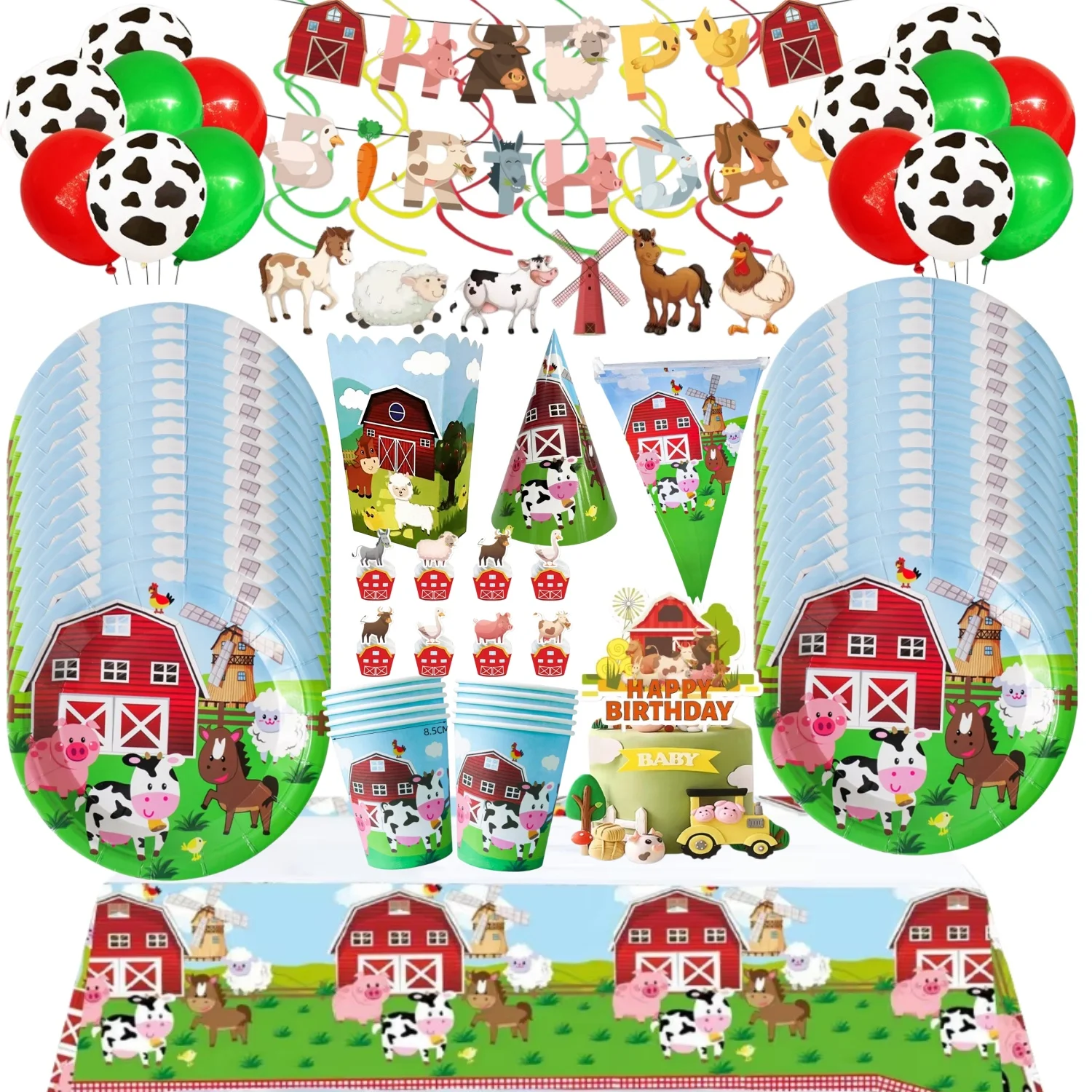 Cartoon-Bauernhoftiere Geburtstagsdekorationen Ballons Party Bauernhof-Thema Tischgeschirr Ballonbecher Teller Servietten Deko-Set Hintergrund-Zubehör