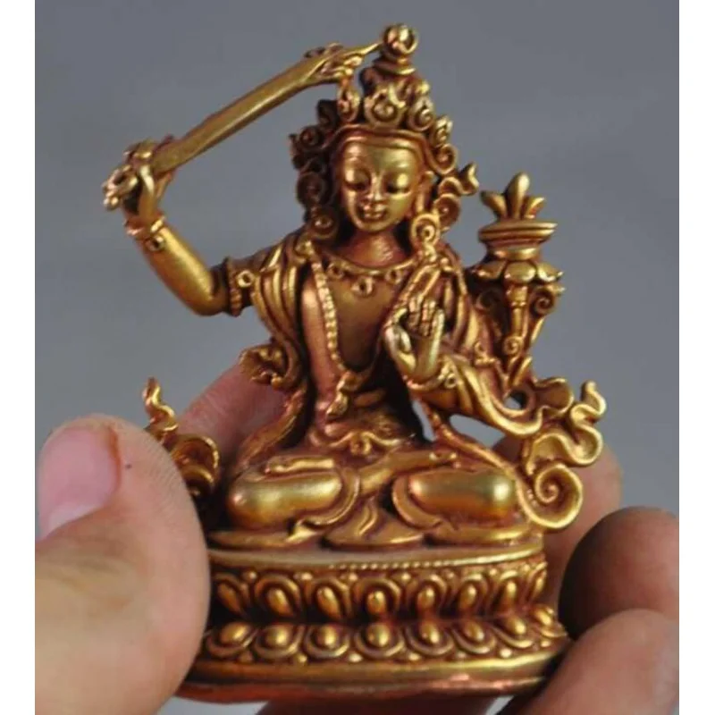 Antique Tibetan Buddhist Bronze Gilding 24k Jin Manshu Bodhisattva wenshu Buddha Holding Sword