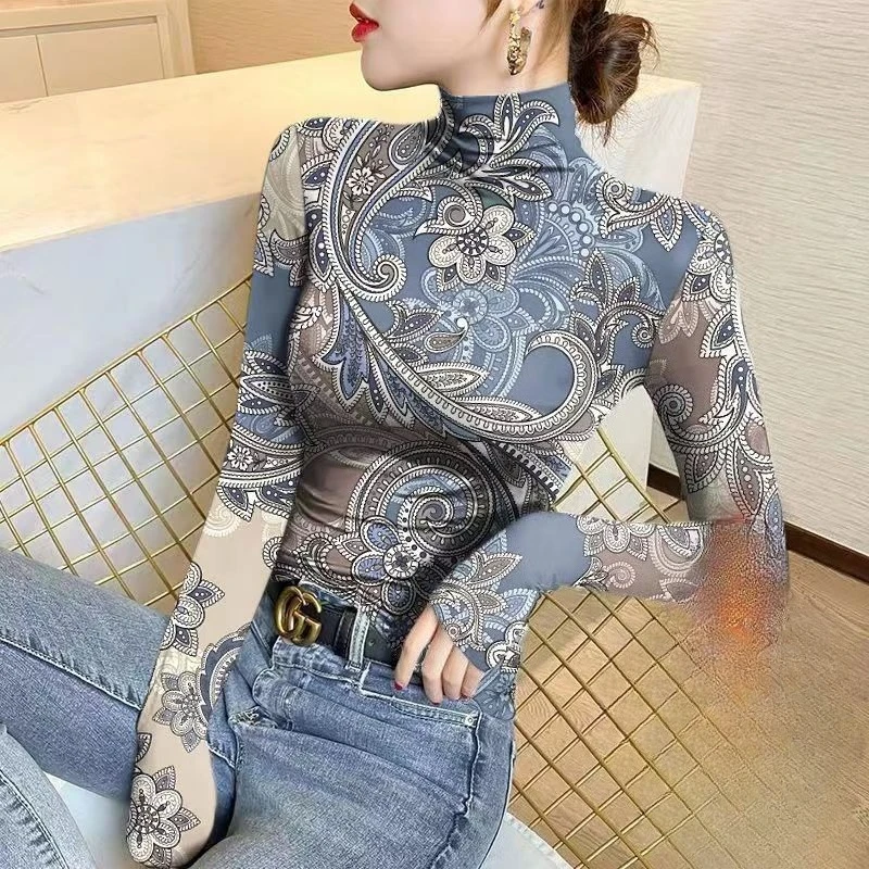 Tops T-shirts Undershirts Women's Autumn/Winter Half-high Neck Wool Blend Printed Slim Fit New Youthful Casual Niche Versatile