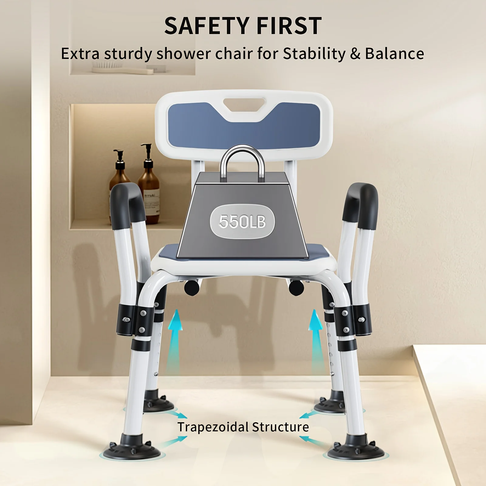 Shower Chair Indoor Non-Slip Bath Stool with EVA Cooling Pad 226.8 Kg Weight Capacity 6-Level Adjustment Large Drain Hole -White