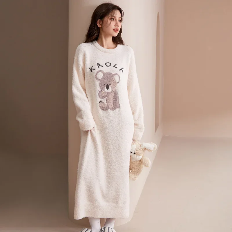 Autumn Winter Thicken Warm Soft Long Sleepwear Dress Women Homewear Long Sleeved Cute Cartoon Padded Nightgown Pyjamas Bath Robe