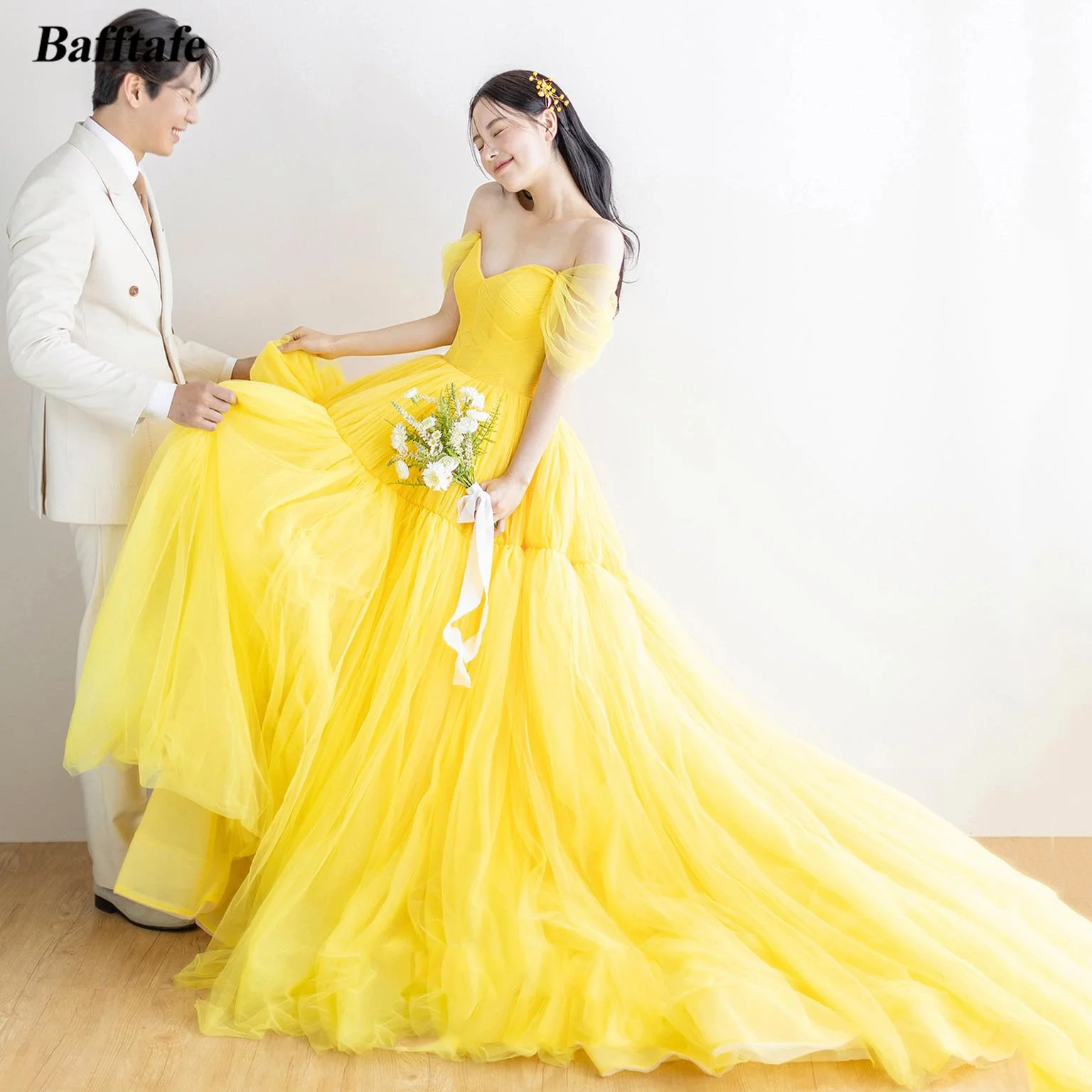 Bafftafe-Robe de Bal en Tulle Jaune pour Femme, Tenue de Soirée Formelle, Photographie de Mariage