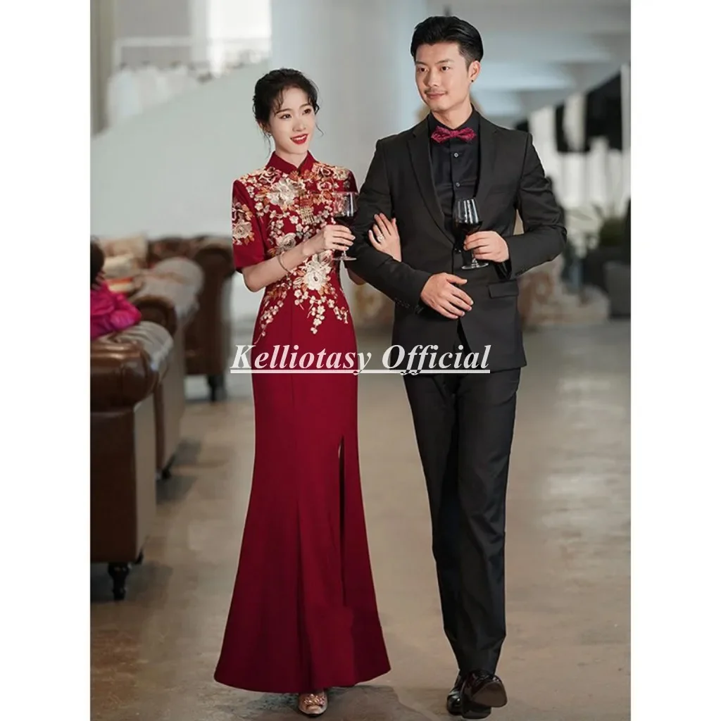 

Customized Burgundy Mermaid Evening Dresses Lace Appliqued High Collar Chinese Style Elegant Women Party Dress For Wedding Toast