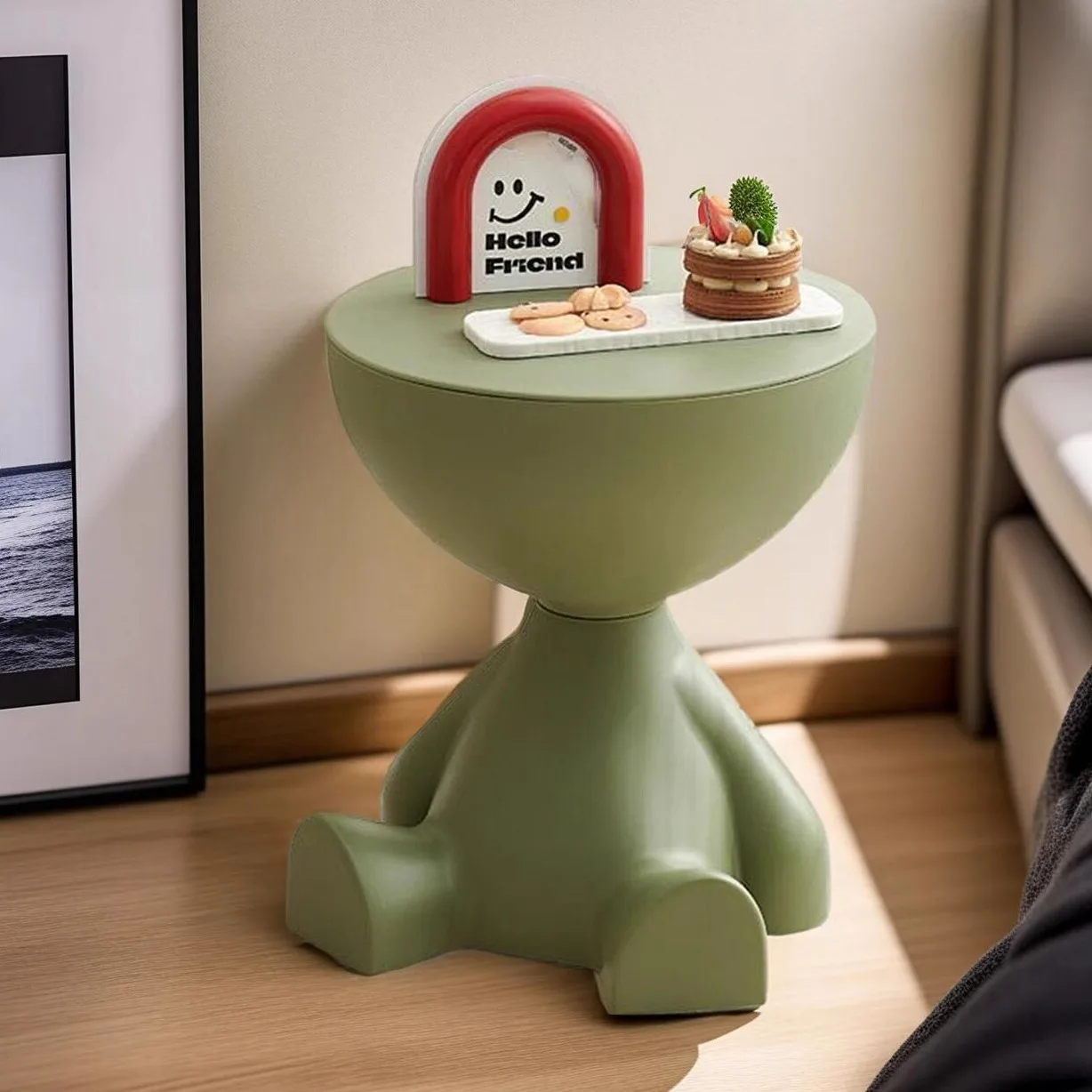 #Creative Modern Side Table with Round Top Assembled Bedside Table with Open Storage for Apartment Bedroom and Dormitory