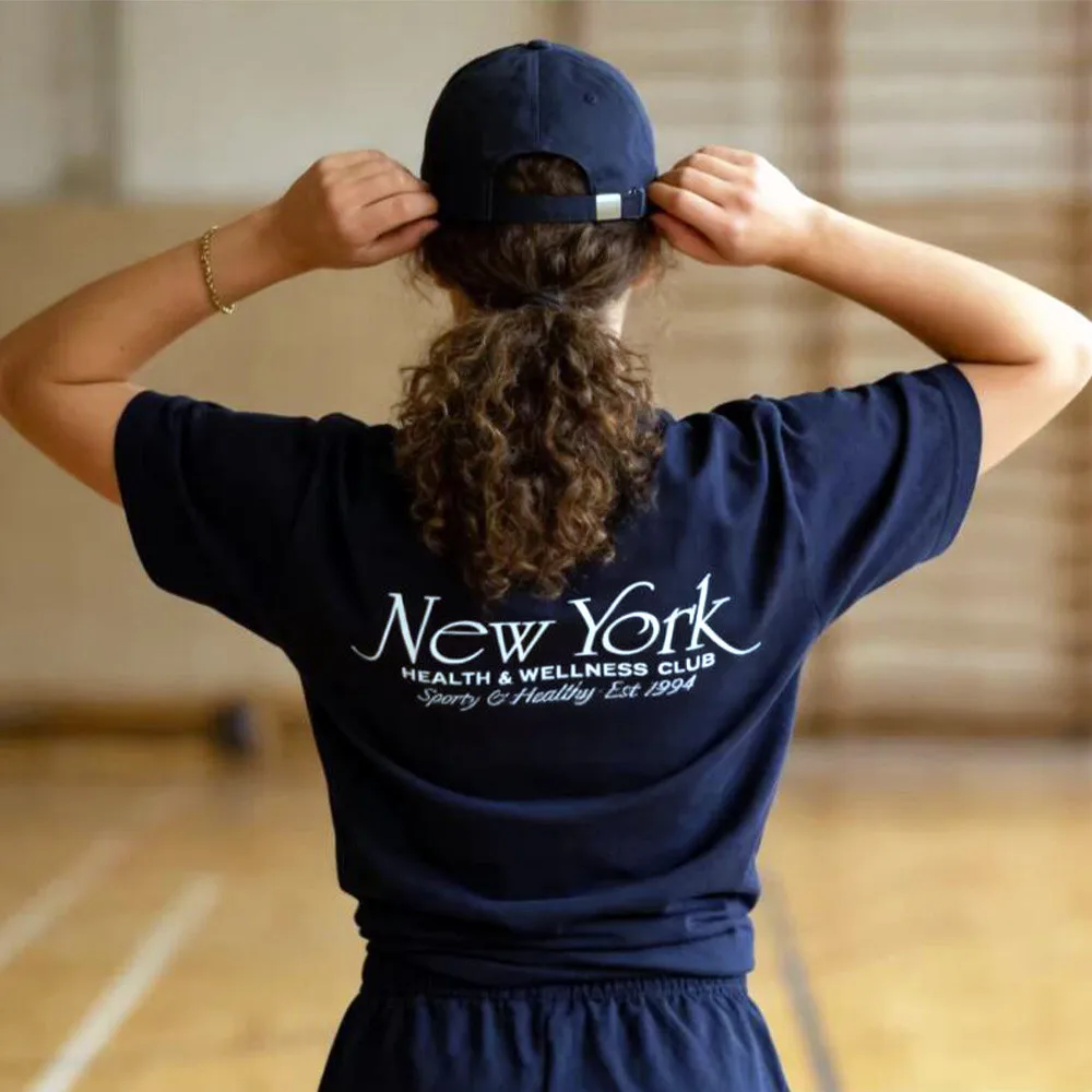 New York Health Wellness Letters Printing American Vintage Style T Shirts Female Navy Loose Cotton Tops Short Sleeve 90's Tees