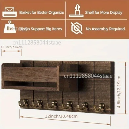 Wall Mounted Key Holder with Mail Organizer, Wooden Entryway Rack with Hooks & Shelf